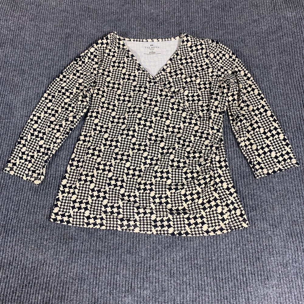 Talbots Top Womens Large‎ Petite LP White Black Faux Wrap Stretch 3/4 Sleeve AOP